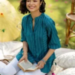 Teal Blue Woven Design Cotton Blend Straight Short Kurti